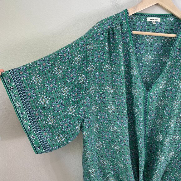 Max Studio Womens Plus 3X Green Blue V Neck Tie Front Blouse Kimono Sleeve Shirt - Picture 8 of 10